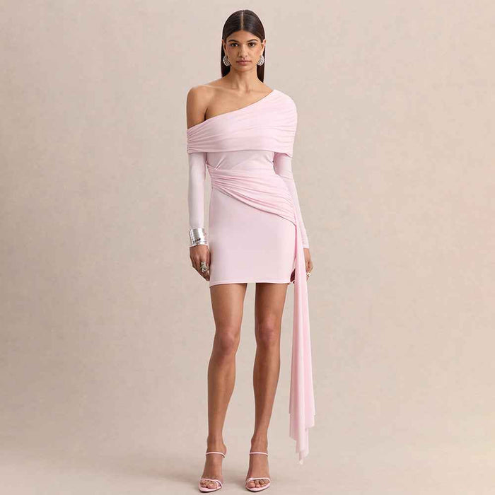 Slant-neck Off-shoulder Dress With Flowing Ribbons