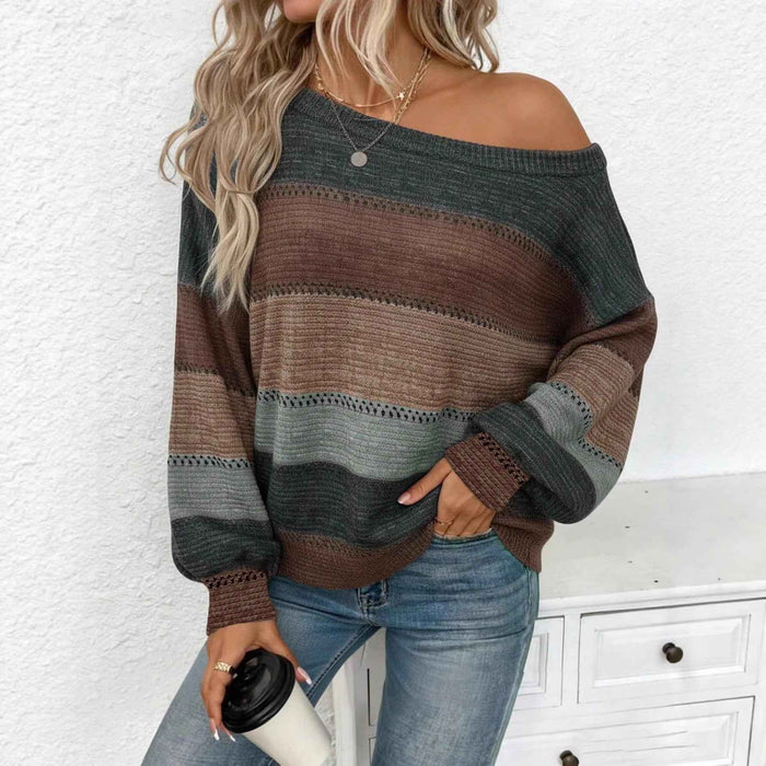 Womens Striped Off-Shoulder Boat-Neck Sweater