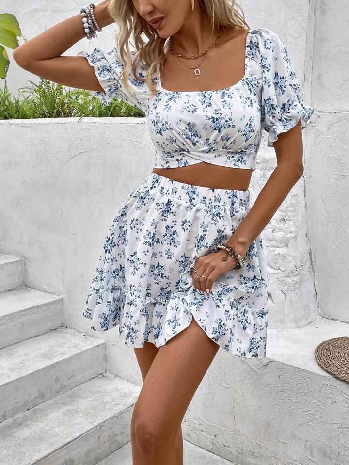 French-style Floral Print Dress Vacation-style Set Short Skirt