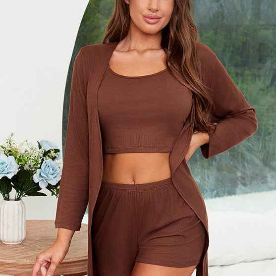 Modal Cotton Ribbed Camisole Nightgown Three-Piece Loungewear Set Sexy Pajamas