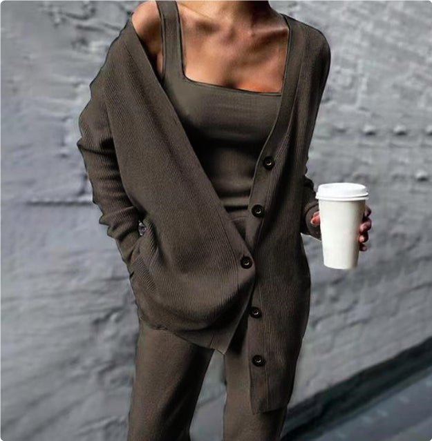 Knitted Three-Piece Women's New Coat Vest Pants Suit by Mirlaine Univers