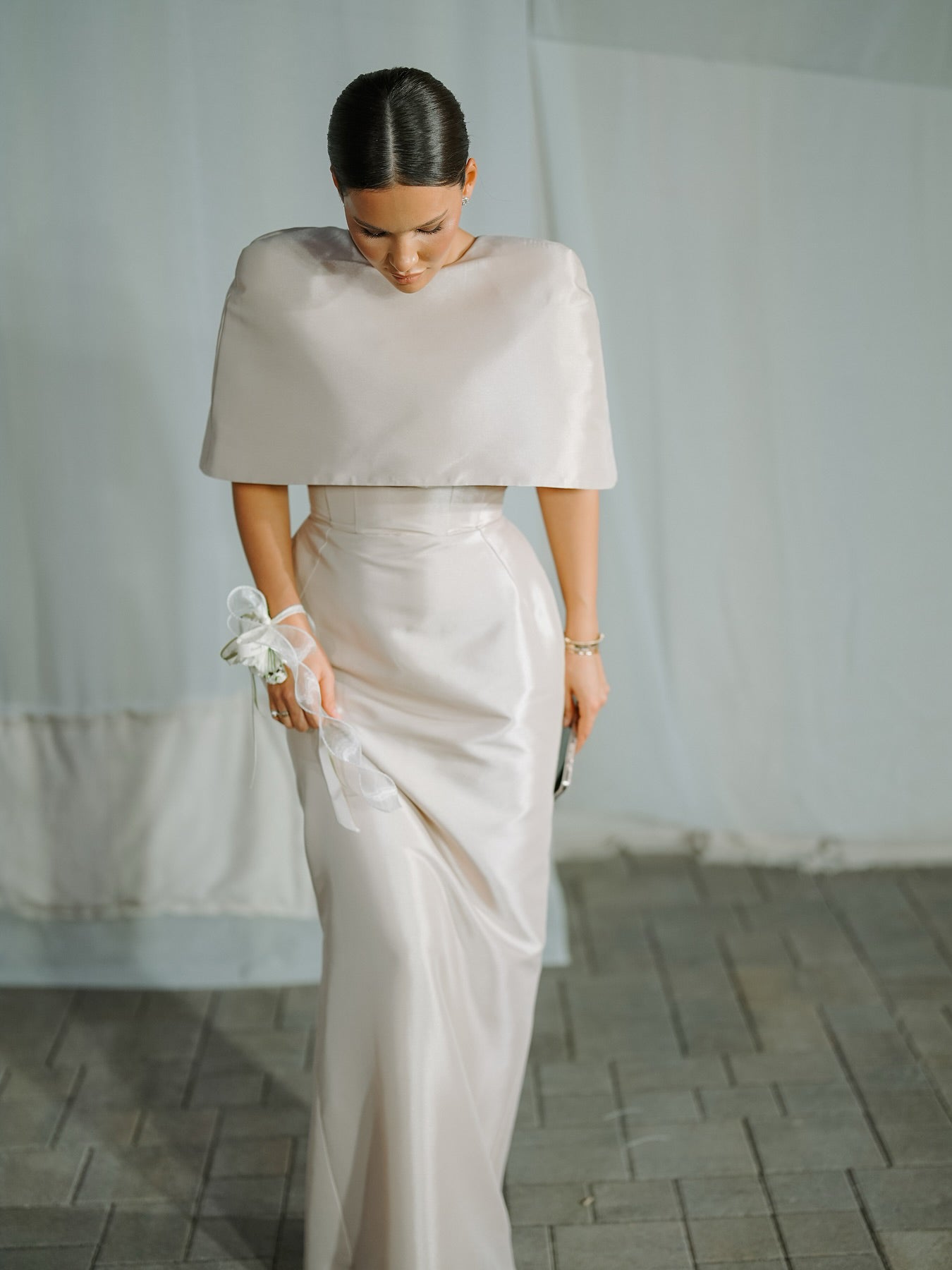 Satin Cape-style Top &Fitted Maxi Dress Set by Mirlaine Univers
