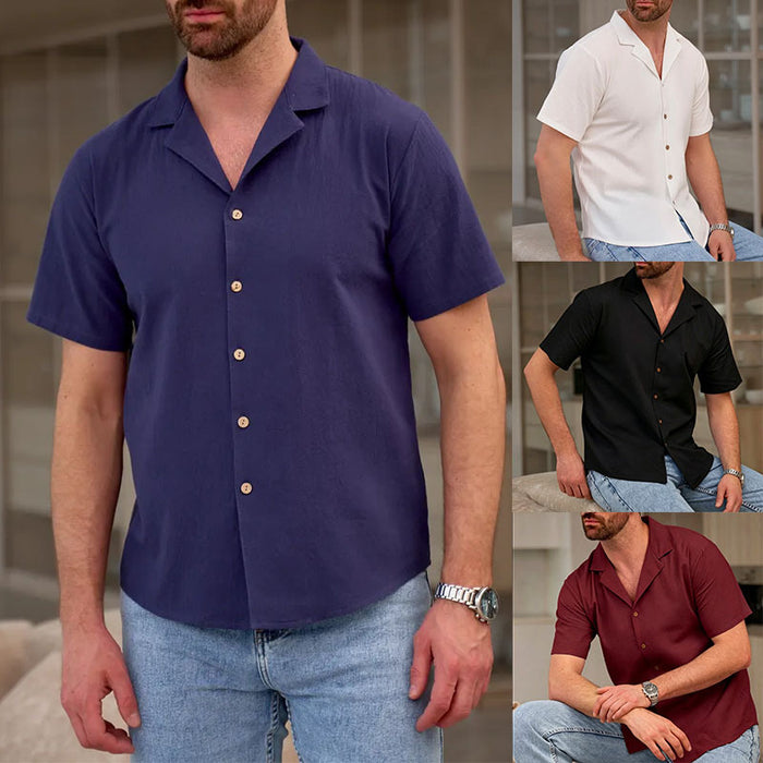 Chemise homme décontractée et élégante à revers, manches courtes en coton et lin