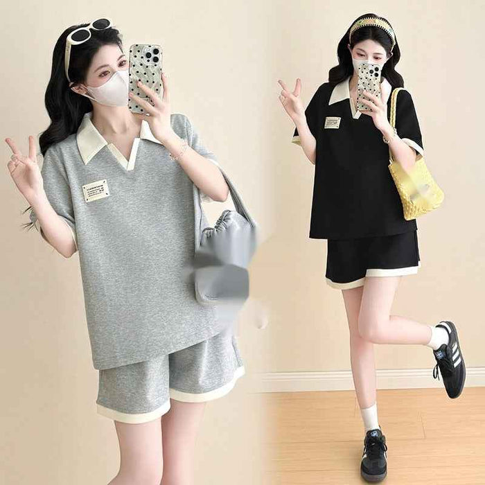 Loose-fitting, Versatile Color-block V-neck Top And Shorts Two-piece Set