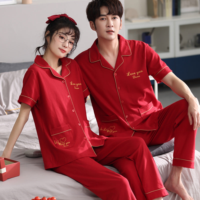 Couple Pajamas Cotton Red Animal Year Trousers Short Sleeve Home Clothes Set by Mirlaine Univers