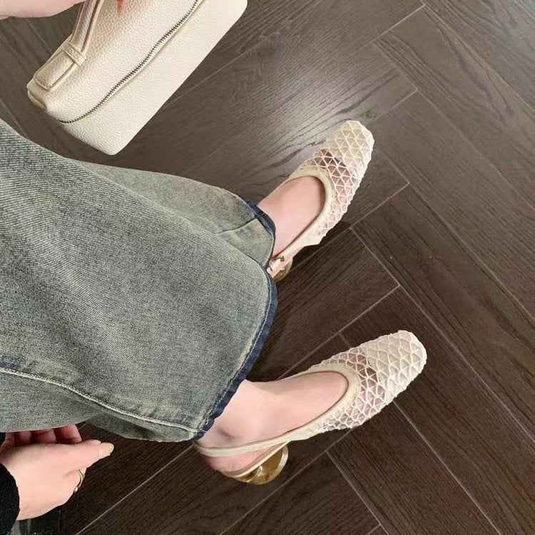 2025 French Retro Square Toe Mesh Hollow Block Heel Mary Jane Sandals For Women