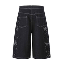 Star-shaped Rhinestone Embellished Capri Denim Shorts Womens Loose-fit