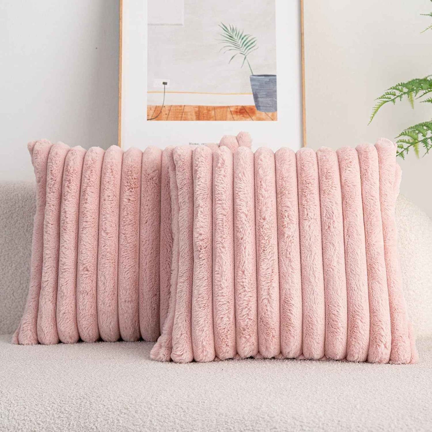 Rabbit Fur Solid Color Vertical Bar Plush Square Cushion Cover