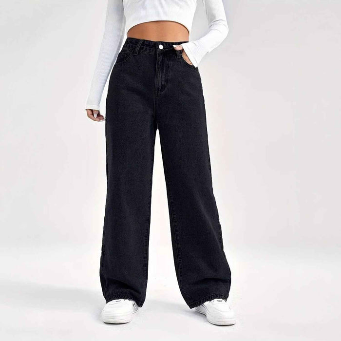 Jean en denim délavé, coupe ample et amincissante, style américain, pour femme