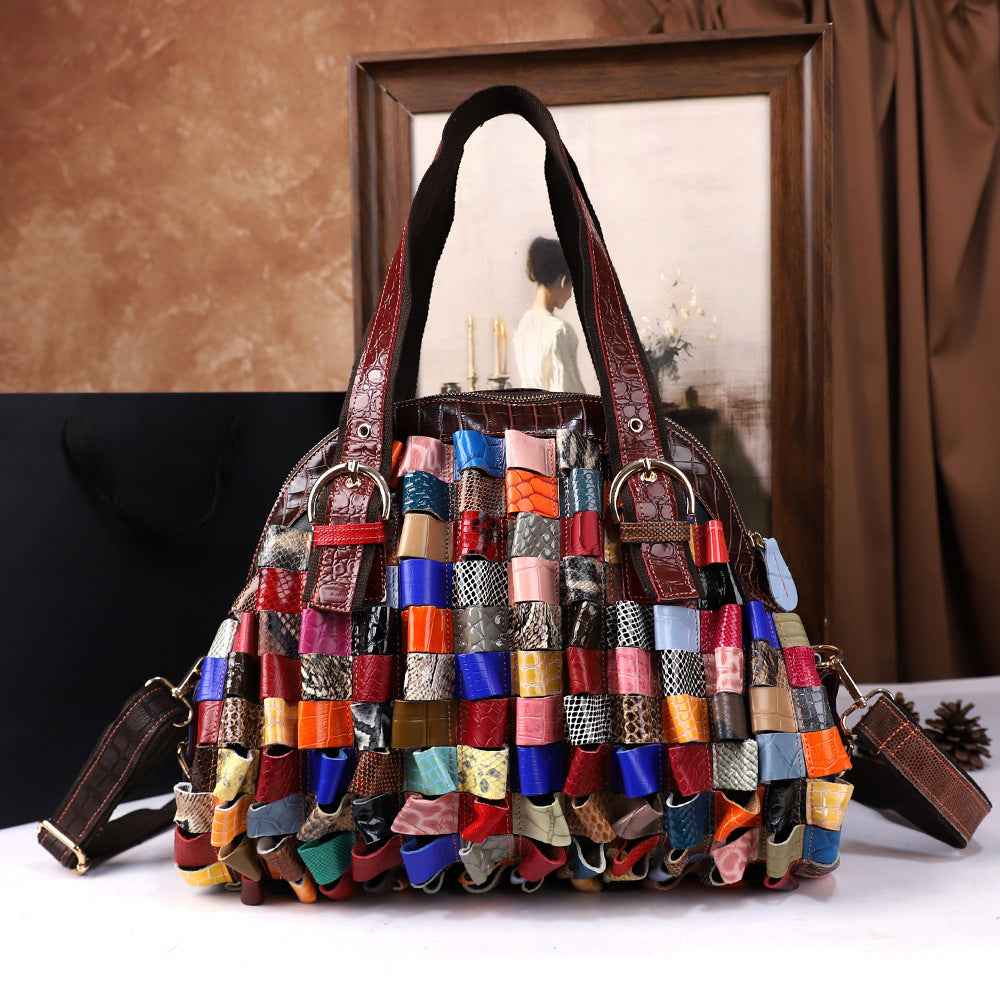 Woven Large-Capacity Cowhide Shoulder Tote Bag For Women