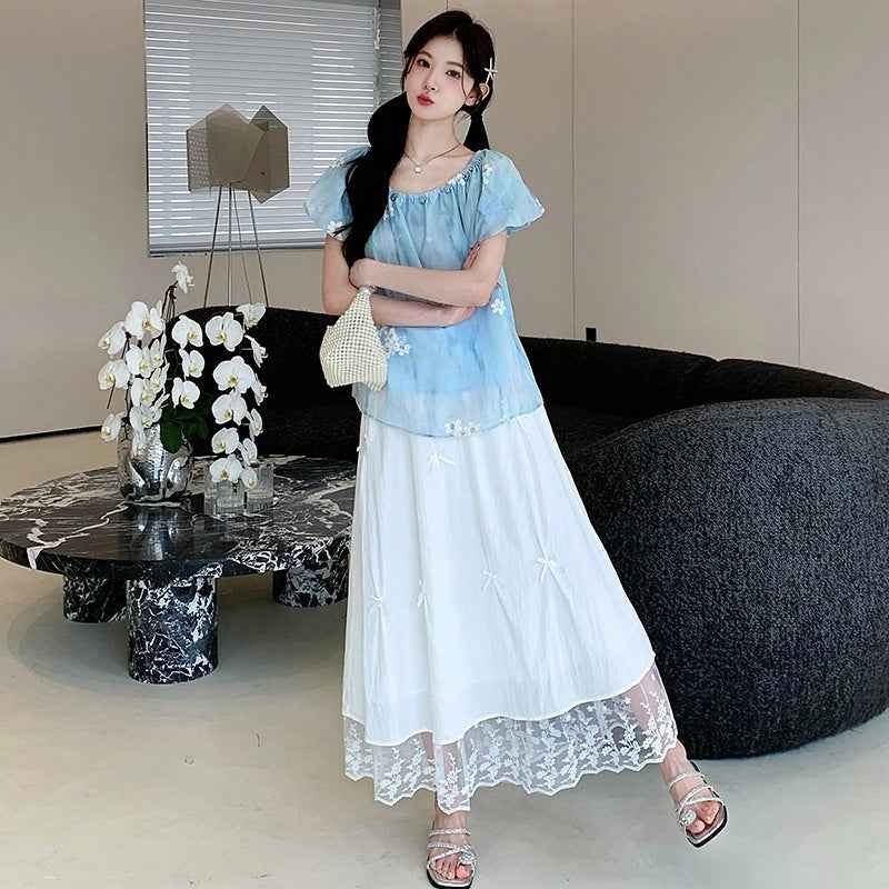 Sweet Blue Embroidered Anti-Peep Top And White Skirt Set