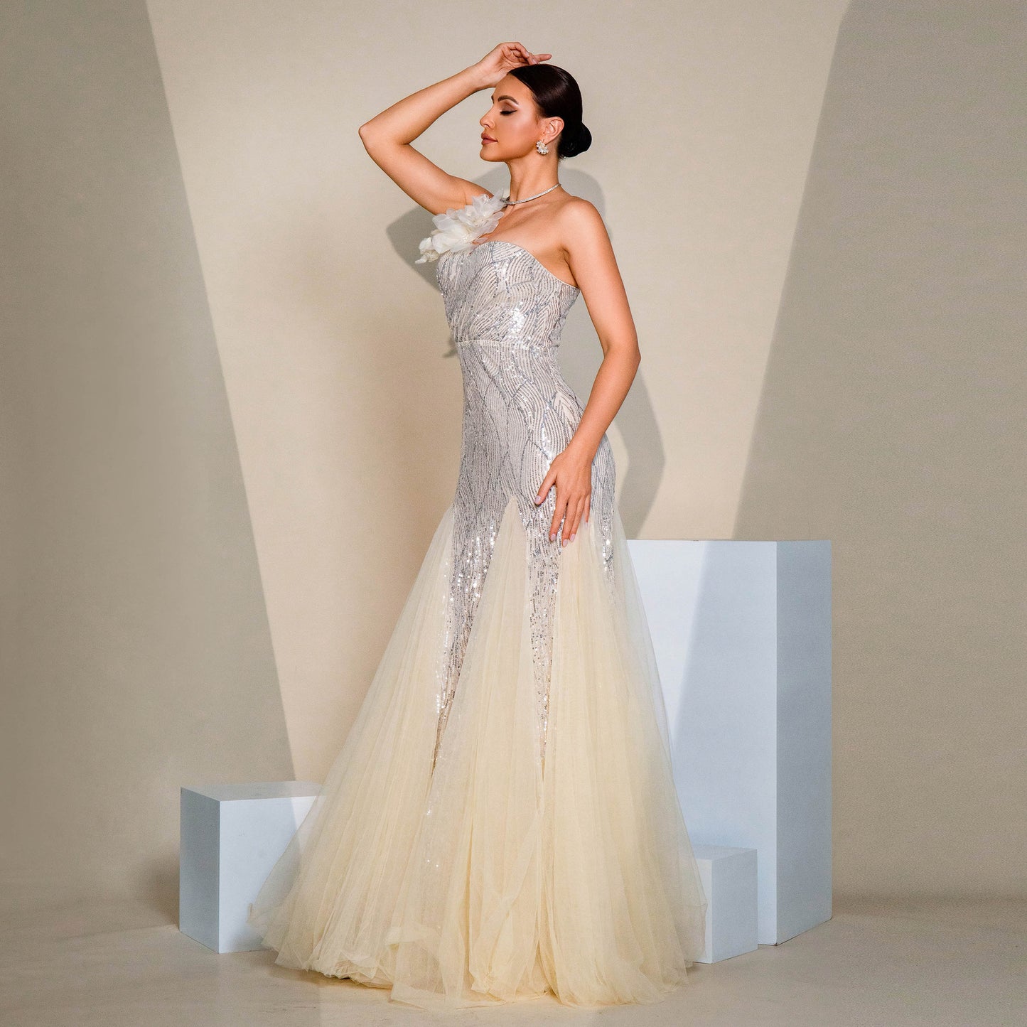 One-shoulder Diagonal Collar Slim-fit Sheath Sequined Slit Evening Dress by Mirlaine Univers