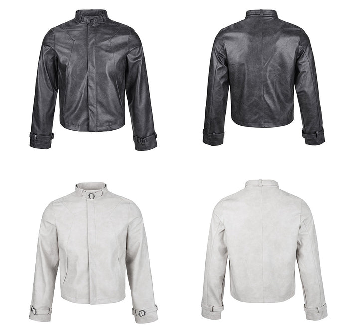 Distressed Leather Off-shoulder Short Jacket