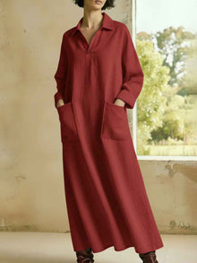Loose-fitting Casual Polo-neck Pocketed Long-sleeve Dress