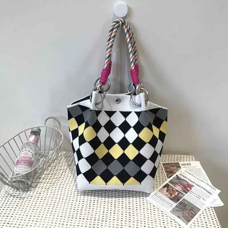 Womens Red Knitted Tote Bag With Magnetic Closure And Large Capacity