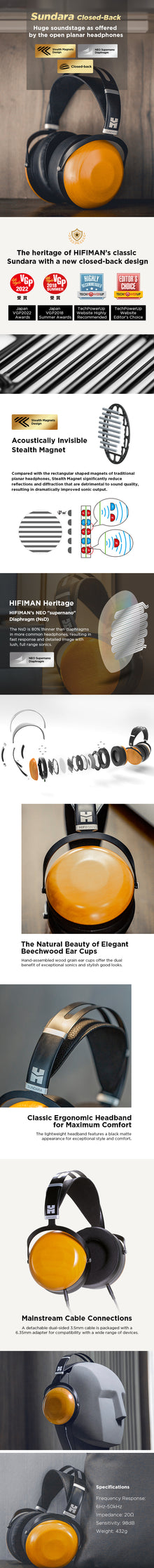 HIFIMAN SUNDARA Closed-Back Over-Ear Planar Magnetic Wired Hi-Fi Headphones with Stealth Magnet Design, Wood Ear Cups