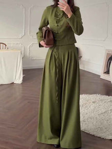 Mandarin Collar Knot Crop Top & Drawstring Wide Leg Pants 2-Piece Set