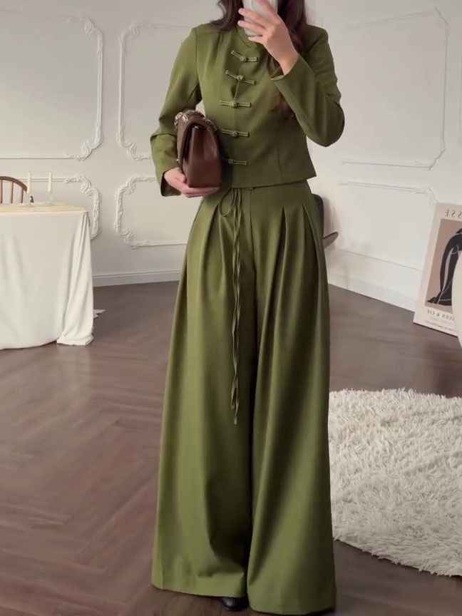 Mandarin Collar Knot Crop Top & Drawstring Wide Leg Pants 2-Piece Set
