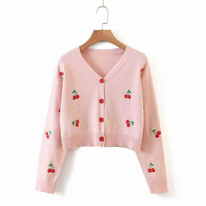 Long sleeve V-neck Straight Cherry Embroidered Cardigan Ssweater