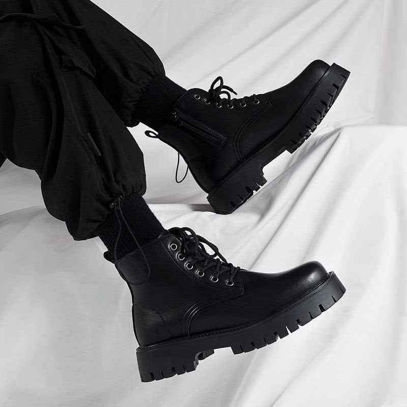 Men's High-top Side Zipper Leather Shoes Black Mid-Top Increased By Worker Boot