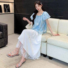 Sweet Blue Embroidered Anti-Peep Top And White Skirt Set