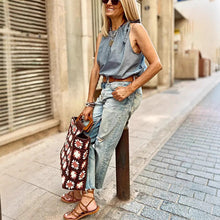 Women's Stretch Denim Loose Straight- Leg Wide-leg Pants by Mirlaine Univers