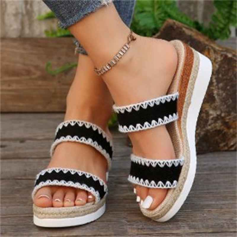 New Hemp Rope Woven Wedge Slippers Summer Ethnic Style Sandals Double Wide Strappy Shoes For Women