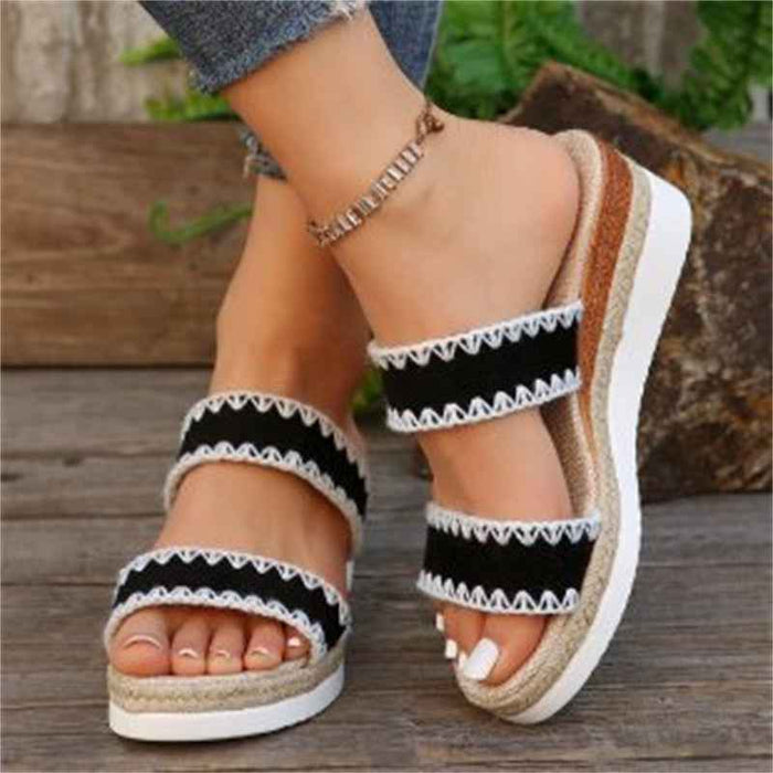 Nouvelles pantoufles compensées en corde de chanvre tissée, sandales d'été de style ethnique à double bride large pour femmes