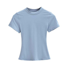 Solid Color Small Round Neck Elastic Shoulder Short Sleeve T-shirt Basic Style Waist-tight