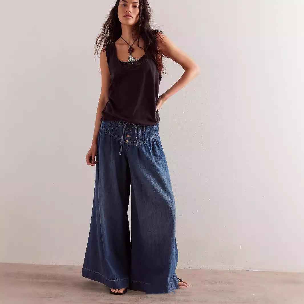 Womens Pleated Mid-Waist Lace-Up Loose Wide-Leg Denim Jeans
