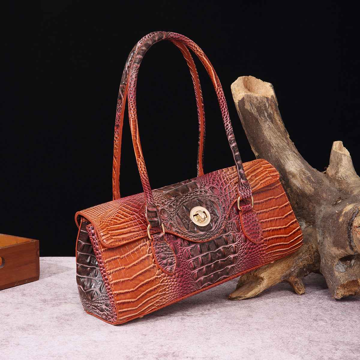 Womens Crocodile-Print Brahmin Shoulder Tote Bag