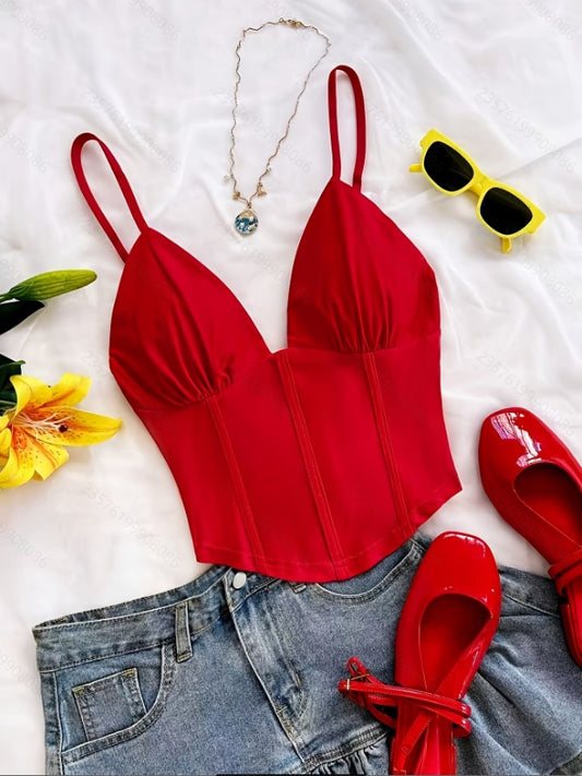 Women's Spring Summer Retro V Neck Off Shoulder Camisole Top
