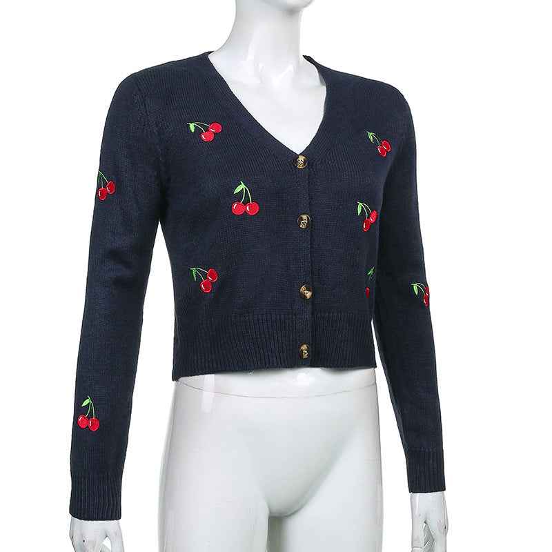 Long sleeve V-neck Straight Cherry Embroidered Cardigan Ssweater