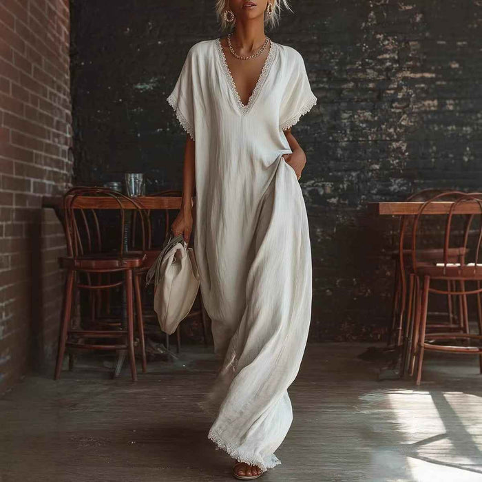 Robe longue décontractée, élégante et confortable en lin et coton, bordée de dentelle, de style européen et américain.