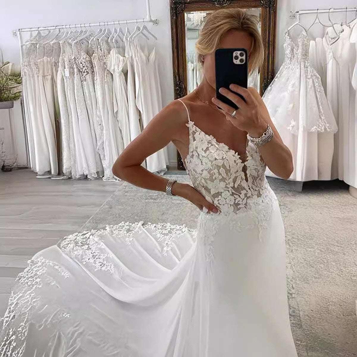 Strap Fishtail Wedding Dress Bridal Slim Satin Lace Dress by Mirlaine Univers