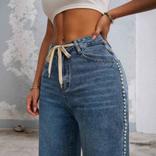 Drawstring High-Waisted Retro Wide-Leg Denim Jeans For Women