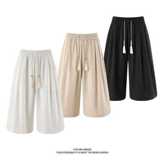 Retro Cotton-linen Wide-leg Casual Capri Pants