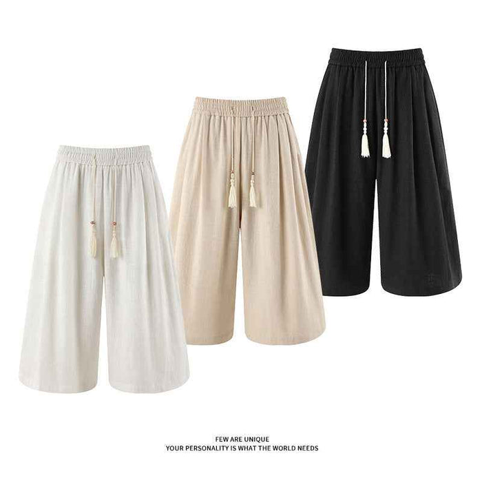 Retro Cotton-linen Wide-leg Casual Capri Pants