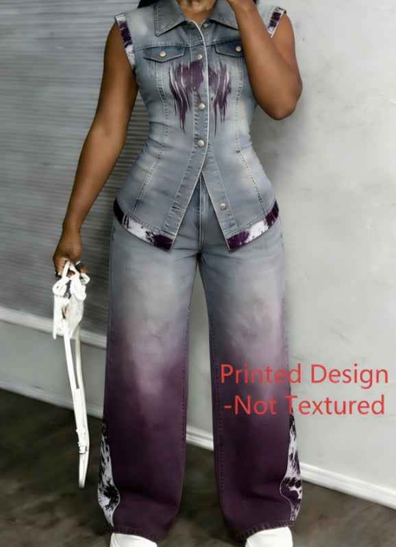 Workwear Style Sleeveless Printed Two-piece Set