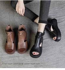 Summer New Retro First Layer Cowhide Back Empty Peep Toe Sandals For Women