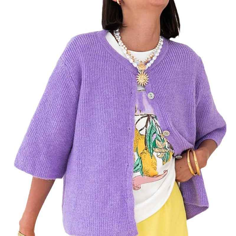 Solid Color Half-open Collar Button Sweaters Women's Clothing Women's Casual Cardigan