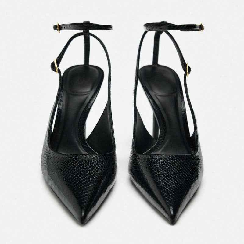 Spring And Summer New Snake Pattern Stiletto High Heel Pointed Leather Lining Back Empty Thin Strap Buckle Muller Shoes Sandals For Women