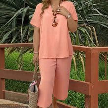 Solid-color V-neck Short-sleeve Top And Wide-leg Pants