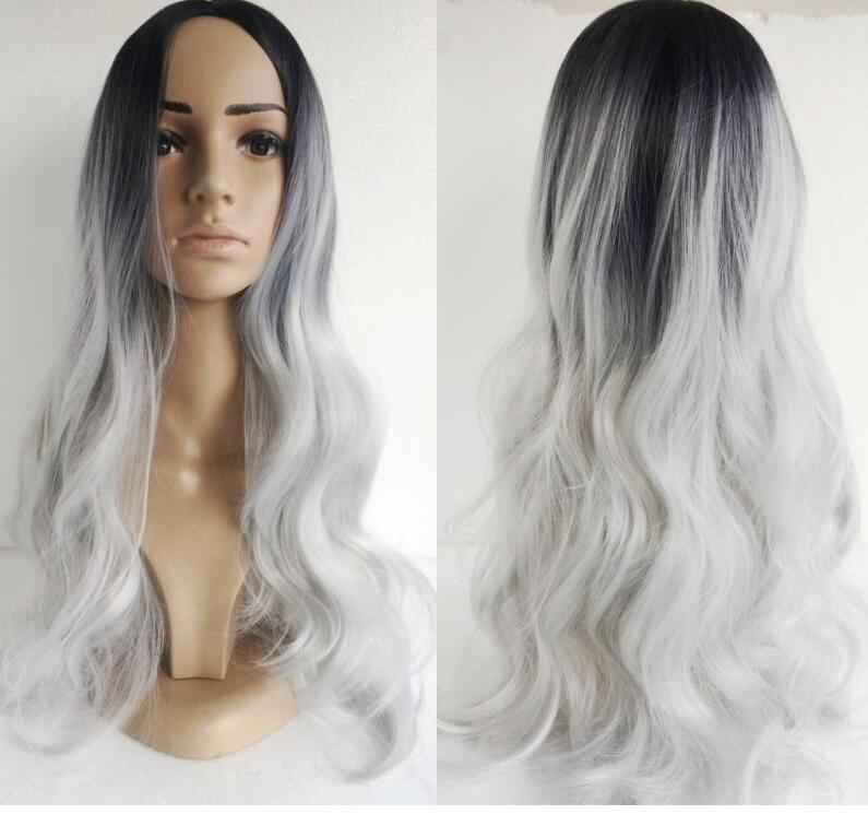 Black silver gray mid-point long curly hair cos fake