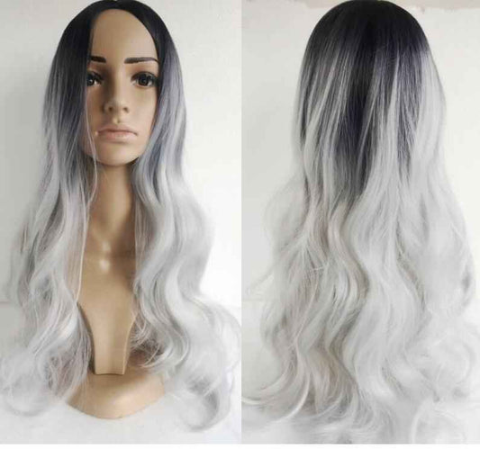 Black silver gray mid-point long curly hair cos fake