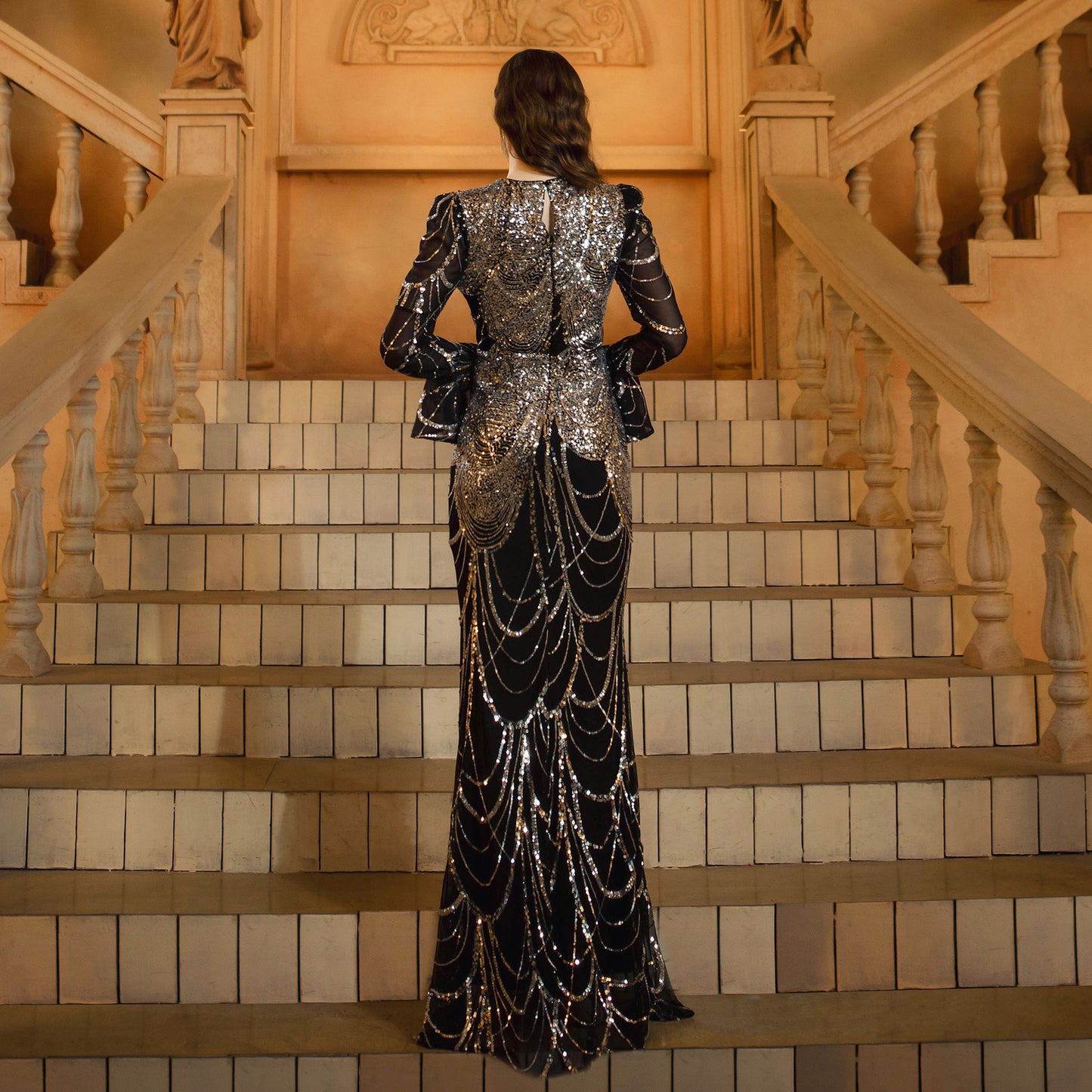 Long Sleeve Round Neck Slim-fit Sheath Sequined Banquet Fishtail Evening Dress by Mirlaine Univers
