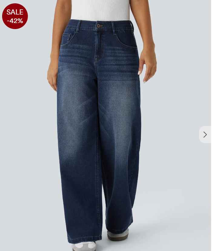 Women's Retro Washed Denim Wide-Leg Jeans With Multiple Textures
