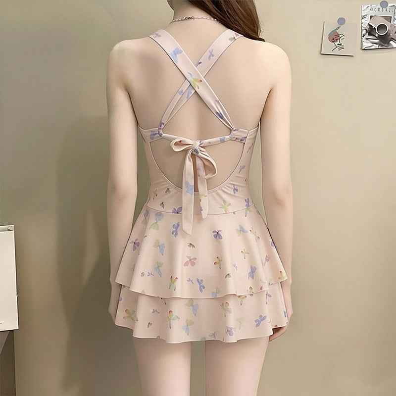 One-Piece Dress-Style Holiday Swimsuit With Butterfly Print