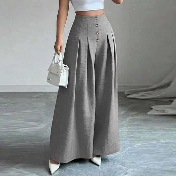 Stylish Buttoned High-waisted Loose-fit Draped Slimming Casual Wide-leg Pants
