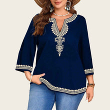 Fashionable Casual V-Neck Ethnic-Style Printed Three-Quarter-Sleeve Shirt Top